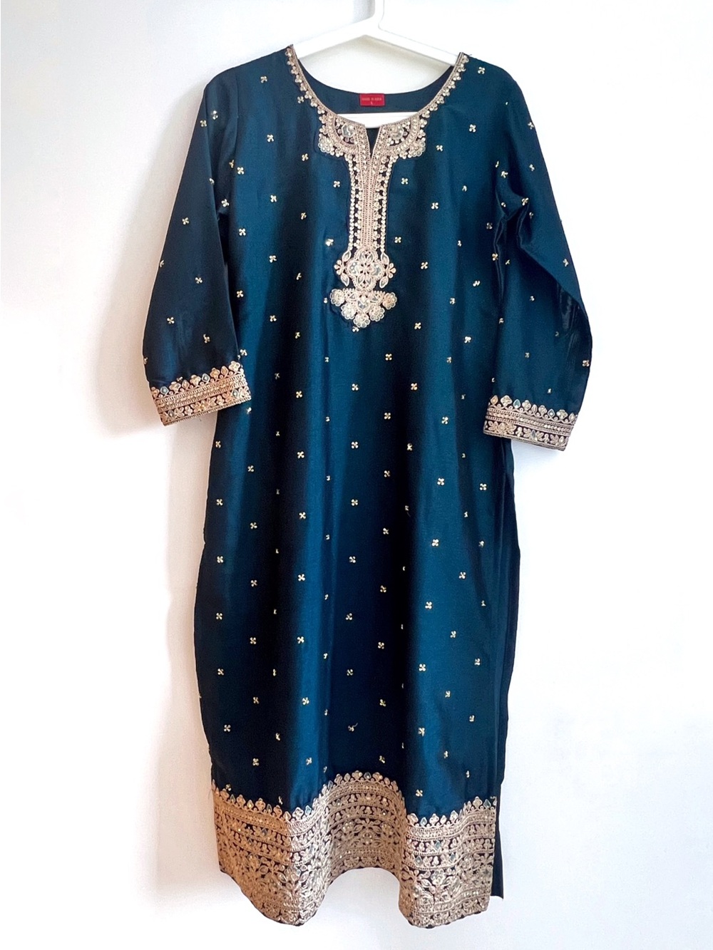 New Salwar Kameez in Embroidered Teal with Gold Accents with Beautiful Dupatta